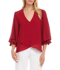 Karen Kane Petite Size Silky Crepe V-Neck 3/4 Lantern Sleeve Crossover Asymmetric Top