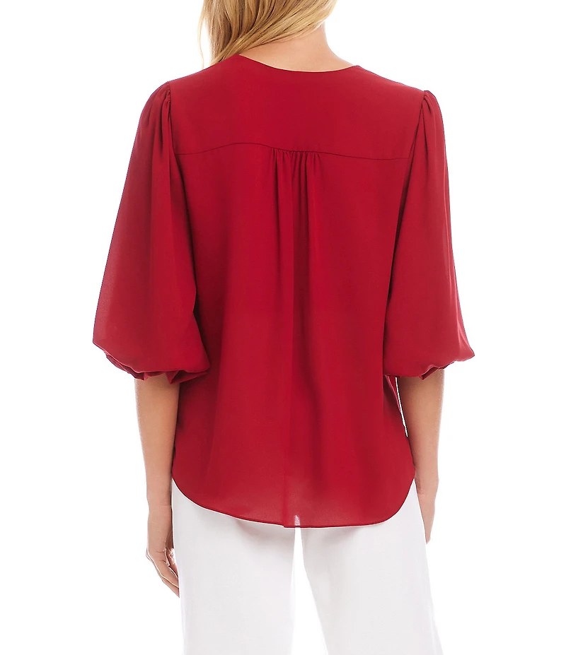 Karen Kane Petite Size Silky Crepe V-Neck 3/4 Lantern Sleeve Crossover Asymmetric Top