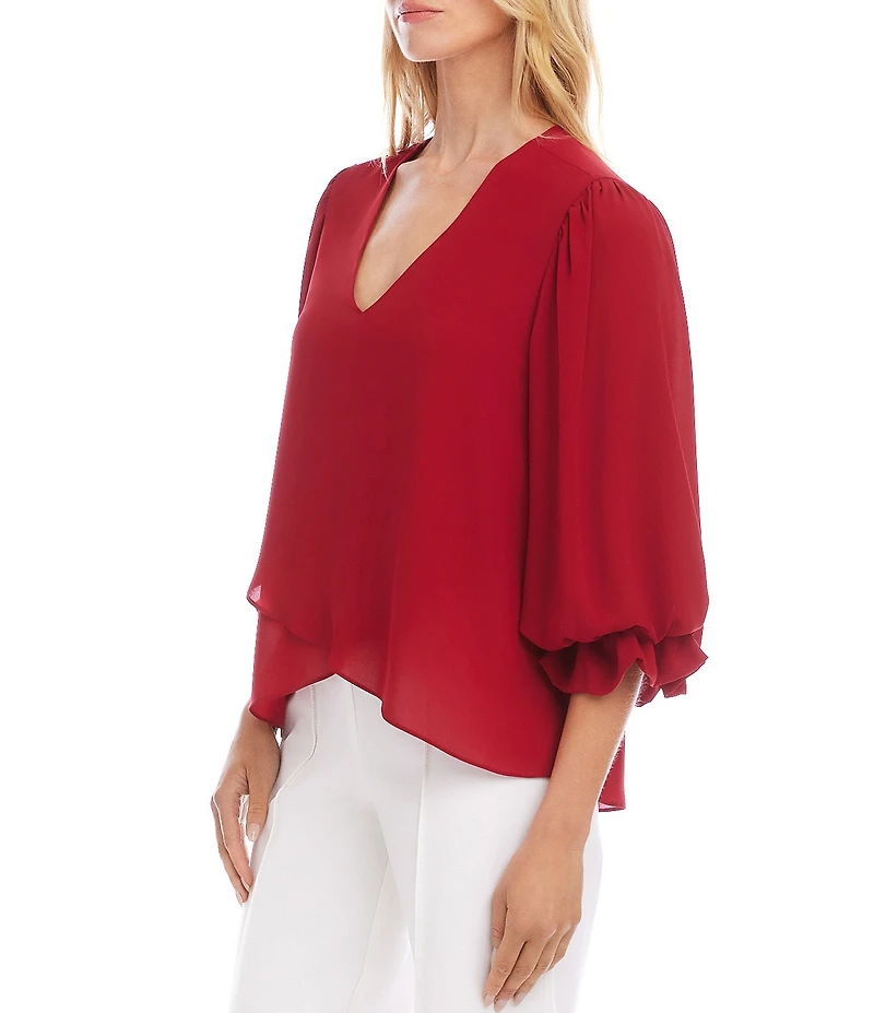 Karen Kane Petite Size Silky Crepe V-Neck 3/4 Lantern Sleeve Crossover Asymmetric Top