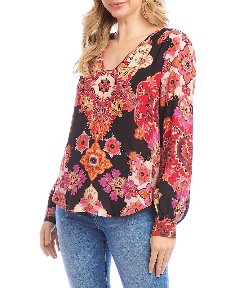 Karen Kane Petite Size Bold Medallion Floral V-Neck Long Sleeve Tunic