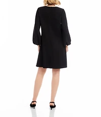 Karen Kane Petite Size Cascading Embellished Bow Scoop Neck Long Puff Sleeve Shift Dress