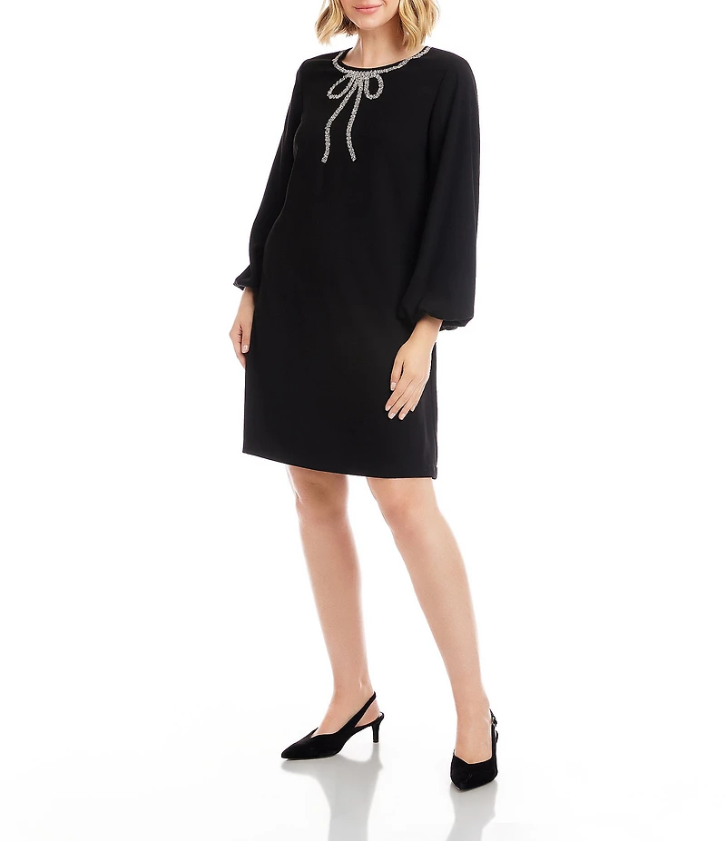 Karen Kane Petite Size Cascading Embellished Bow Scoop Neck Long Puff Sleeve Shift Dress