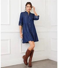 Karen Kane Petite Size Chambray Roll Tab Sleeve Tiered Shirtdress