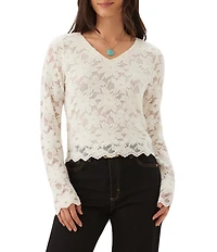 Karen Kane Petite Size Chenille Burnout V-Neck Long Sleeve Scalloped Trip Top