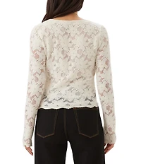 Karen Kane Petite Size Chenille Burnout V-Neck Long Sleeve Scalloped Trip Top