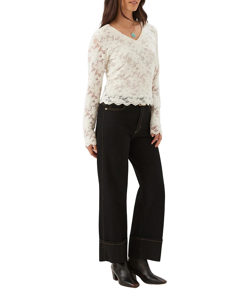 Karen Kane Petite Size Chenille Burnout V-Neck Long Sleeve Scalloped Trip Top