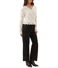Karen Kane Petite Size Chenille Burnout V-Neck Long Sleeve Scalloped Trip Top