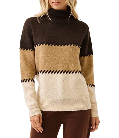 Karen Kane Petite Size Colorblock Contrast Whipstitch Mock Neck Long Sleeve Sweater