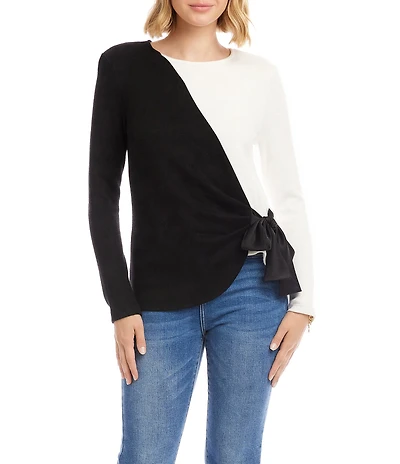 Karen Kane Petite Size Colorblock Crew Neck Long Sleeve Satin Bow Top