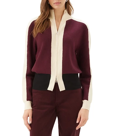 Karen Kane Petite Size Colorblock Knit Mock Neck Long Sleeve Zip-Up Cardigan Sweater