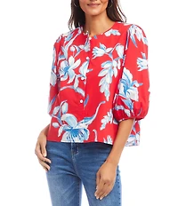 Karen Kane Petite Size Cotton Floral Round Neck 3/4 Puff Sleeve Button Front Shirt