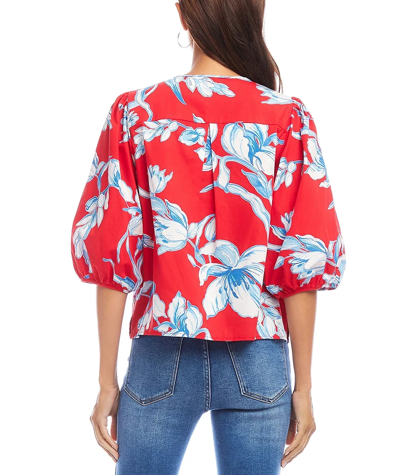 Karen Kane Petite Size Cotton Floral Round Neck 3/4 Puff Sleeve Button Front Shirt