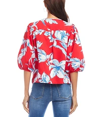 Karen Kane Petite Size Cotton Floral Round Neck 3/4 Puff Sleeve Button Front Shirt