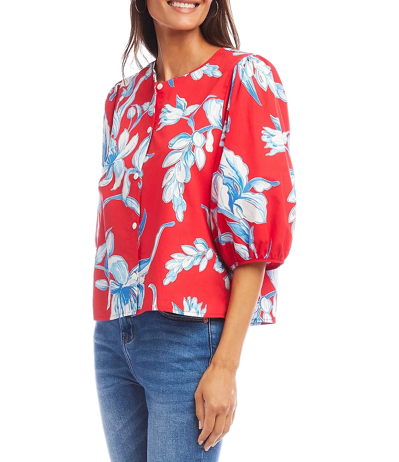 Karen Kane Petite Size Cotton Floral Round Neck 3/4 Puff Sleeve Button Front Shirt