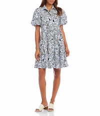 Karen Kane Petite Size Cotton Poplin Paisley Point Collar Short Puff Sleeve Button Front Tiered Shirt Dress