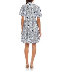 Karen Kane Petite Size Cotton Poplin Paisley Point Collar Short Puff Sleeve Button Front Tiered Shirt Dress