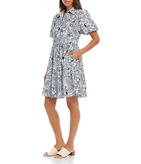 Karen Kane Petite Size Cotton Poplin Paisley Point Collar Short Puff Sleeve Button Front Tiered Shirt Dress