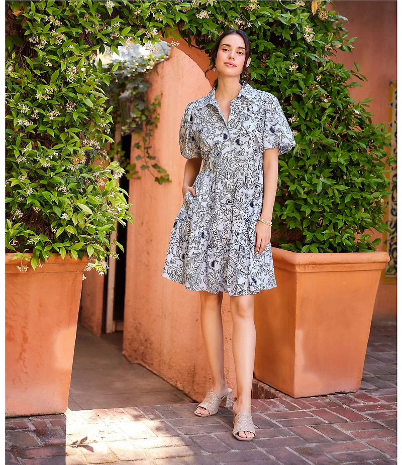 Karen Kane Petite Size Cotton Poplin Paisley Point Collar Short Puff Sleeve Button Front Tiered Shirt Dress