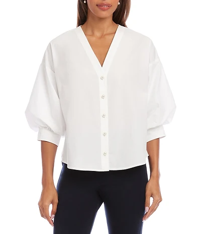 Karen Kane Petite Size Cotton Poplin V-Neck 3/4 Lantern Sleeve Button-Front Shirt