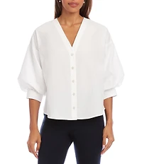 Karen Kane Petite Size Cotton Poplin V-Neck 3/4 Lantern Sleeve Button-Front Shirt