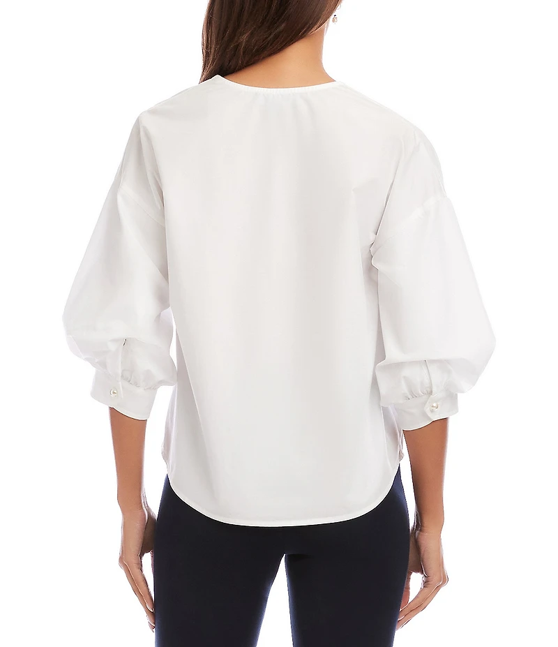 Karen Kane Petite Size Cotton Poplin V-Neck 3/4 Lantern Sleeve Button-Front Shirt
