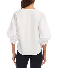 Karen Kane Petite Size Cotton Poplin V-Neck 3/4 Lantern Sleeve Button-Front Shirt
