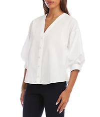 Karen Kane Petite Size Cotton Poplin V-Neck 3/4 Lantern Sleeve Button-Front Shirt