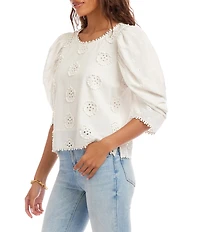 Karen Kane Petite Size Cotton Schiffli Scoop Neck Short Puff Sleeve Scalloped Trim Top