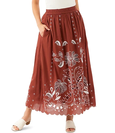 Karen Kane Petite Size Cotton Voile Cut-Out Embroidery Pull-On Flare Skirt