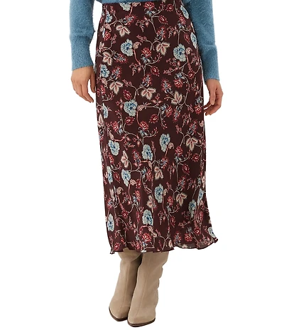 Karen Kane Petite Size Crepe Bordeaux Floral Bias Cut A-Line Midi Skirt