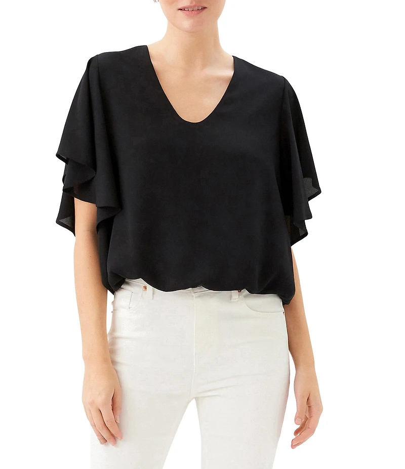 Karen Kane Petite Size Silky Crepe V-Neck Short Sleeve Top