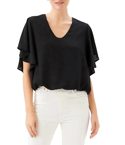 Karen Kane Petite Size Silky Crepe V-Neck Short Sleeve Top