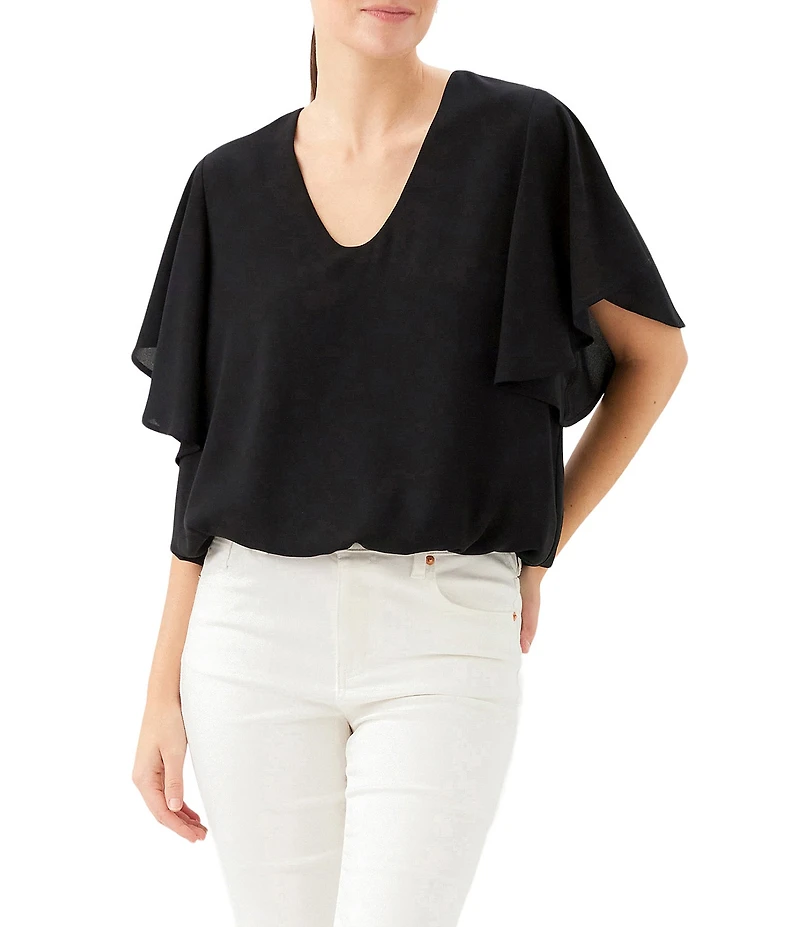 Karen Kane Petite Size Silky Crepe V-Neck Short Sleeve Top