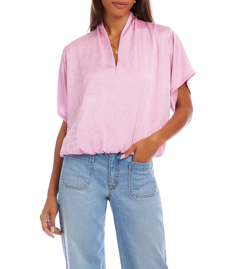 Karen Kane Petite Size Crushed Satin V-Neck Short Sleeve Top