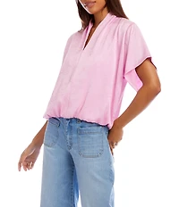 Karen Kane Petite Size Crushed Satin V-Neck Short Sleeve Top
