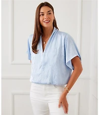 Karen Kane Petite Size Crushed Satin V-Neck Short Sleeve Top