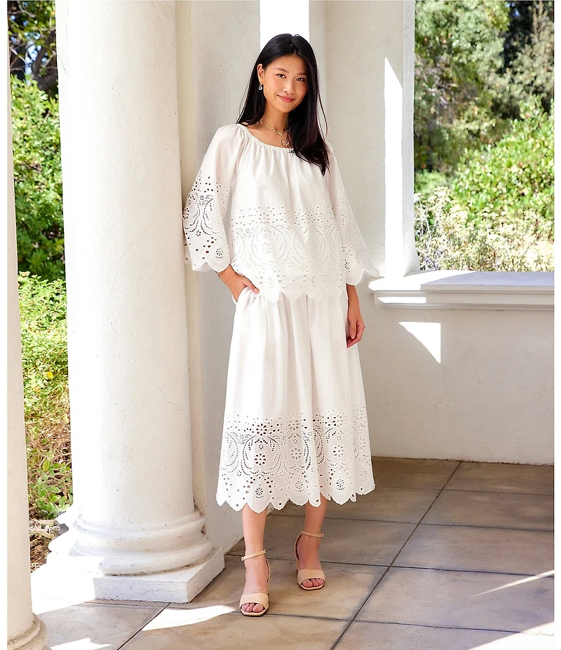 Karen Kane Petite Size Cut-Out Embroidery Pull-On Midi Skirt