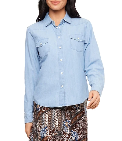 Karen Kane Petite Size Denim Western Point Collar Long Sleeve Snap Front Shirt
