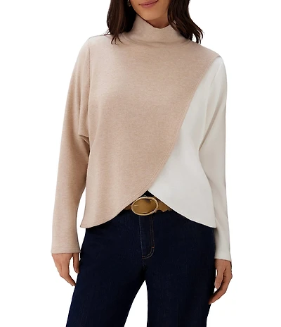 Karen Kane Petite Size Double Knit Crossover Colorblock Mock Neck Long Sleeve Sweater
