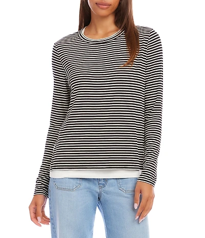Karen Kane Petite Size Double Layered Stripe Crew Neck Long Sleeve Top