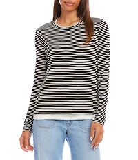 Karen Kane Petite Size Double Layered Stripe Crew Neck Long Sleeve Top