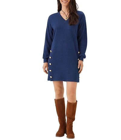 Karen Kane Petite Size Double Rib Knit V-Neck Long Sleeve Button Detail Shift Dress