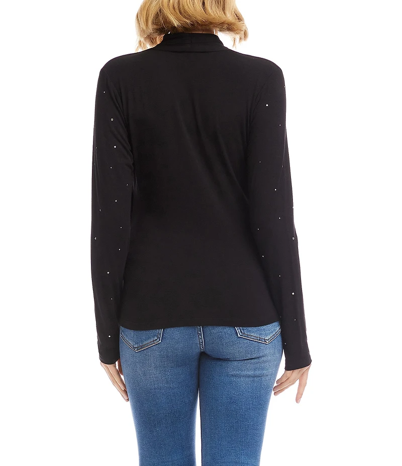 Karen Kane Petite Size Embellished Crossover V-Neck Long Sleeve Top