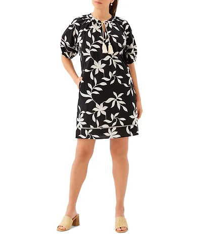Karen Kane Petite Size Embroidered Bold Floral Split V-Neck Short Sleeve Tassel Tie Shift Dress