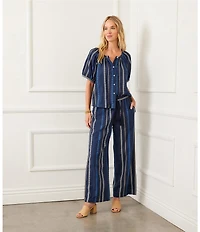 Karen Kane Petite Size Embroidered High Rise Pull-On Wide Leg Cropped Pants