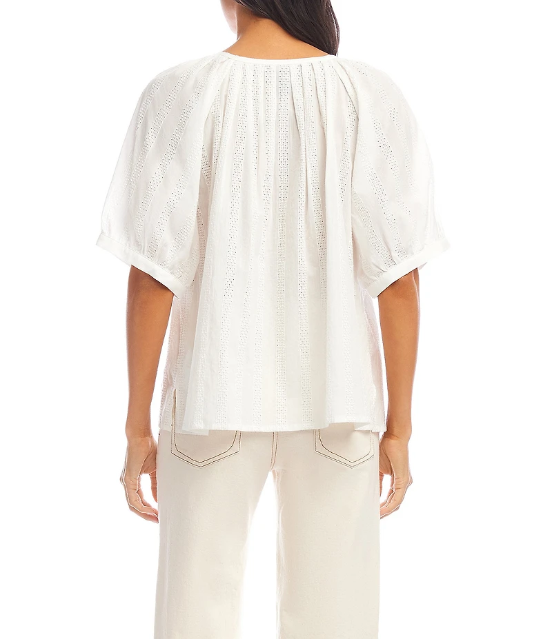 Karen Kane Petite Size Embroidered Peasant Scoop Neck Short Puff Sleeve Top