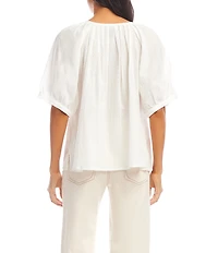Karen Kane Petite Size Embroidered Peasant Scoop Neck Short Puff Sleeve Top