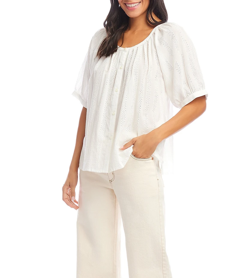 Karen Kane Petite Size Embroidered Peasant Scoop Neck Short Puff Sleeve Top