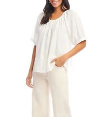 Karen Kane Petite Size Embroidered Peasant Scoop Neck Short Puff Sleeve Top