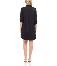 Karen Kane Petite Size Embroidered Point Collar 3/4 Roll-Tab Sleeve Button Front Shirtdress